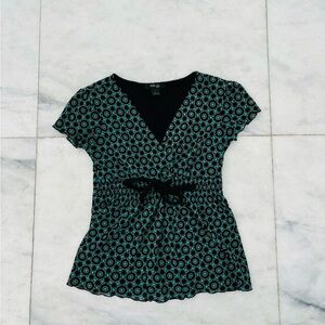 90s Y2K Style&Co Blouse V Neck Green Babydoll Geometric Drawstring Women S Boho